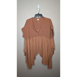 Blue Buttercup Womens Medium Orange Bohemian Oversized Hi Low Hem V-Neck Top